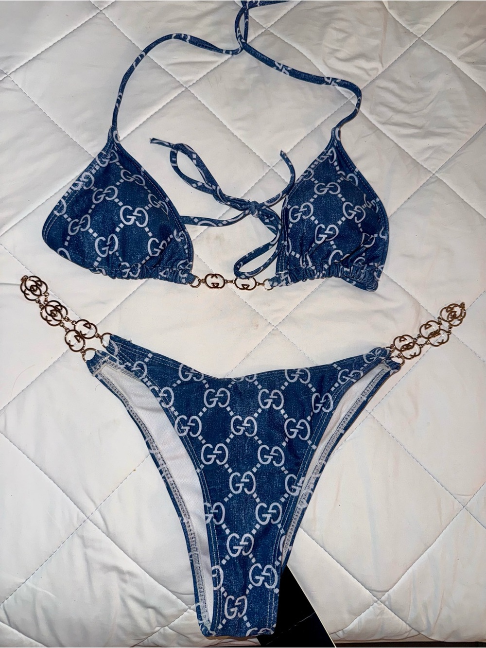 BLUE DENIM PRINT LOGO CHAIN 2 PIECE BIKINI